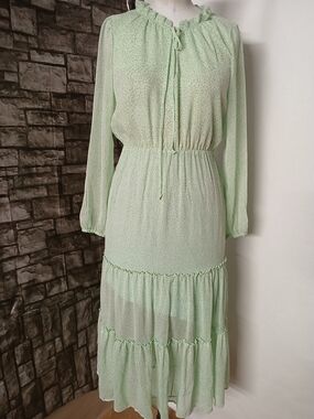Koko + Mason Light Green Tiered Long Sleeve Midi Women's  Dress